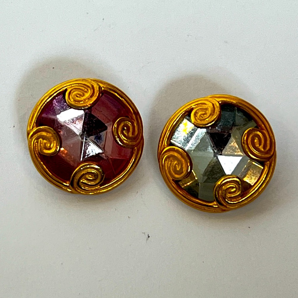 Vintage Gold Plated Faux Pink and Blue Diamond Clip On Earrings.